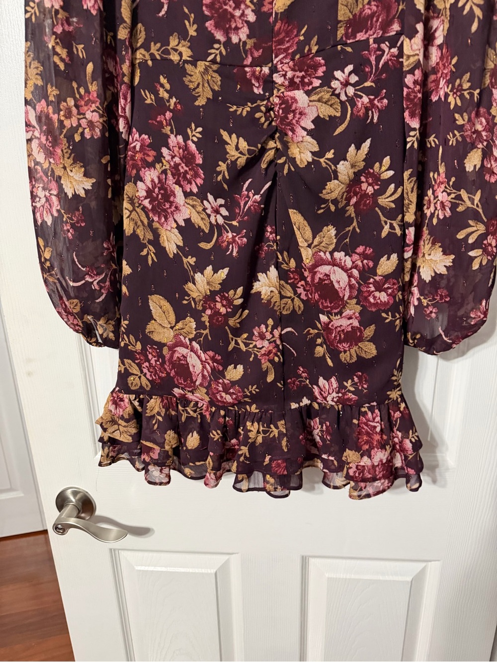 Express Burgundy Floral Wrap-Style/Gathered Mini Dress - Picture 11 of 16